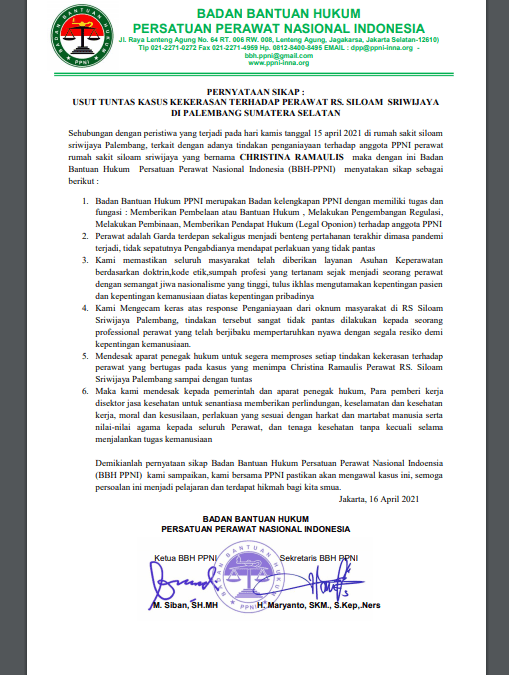 Badan Bantuan Hukum PPNI Minta Usut Tuntas Kasus Kekerasan Terhadap Perawat RS Siloam Sriwijaya Di Palembang